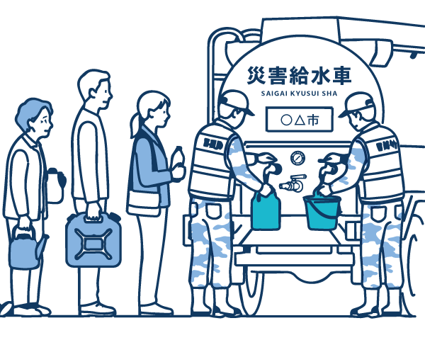 災害給水車に並ぶ人々